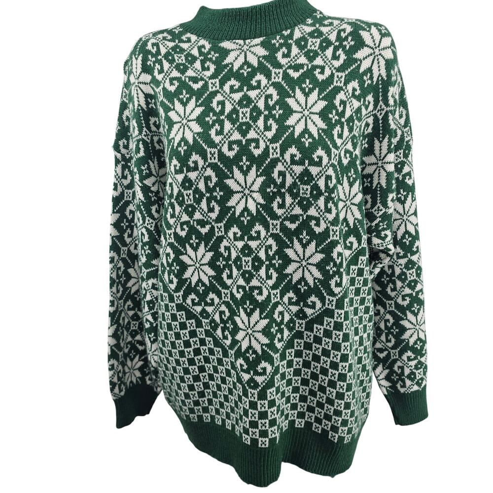 Vintage 80s Green snowflake fair isle ski sweater cabincore cottagecore 18 W USA